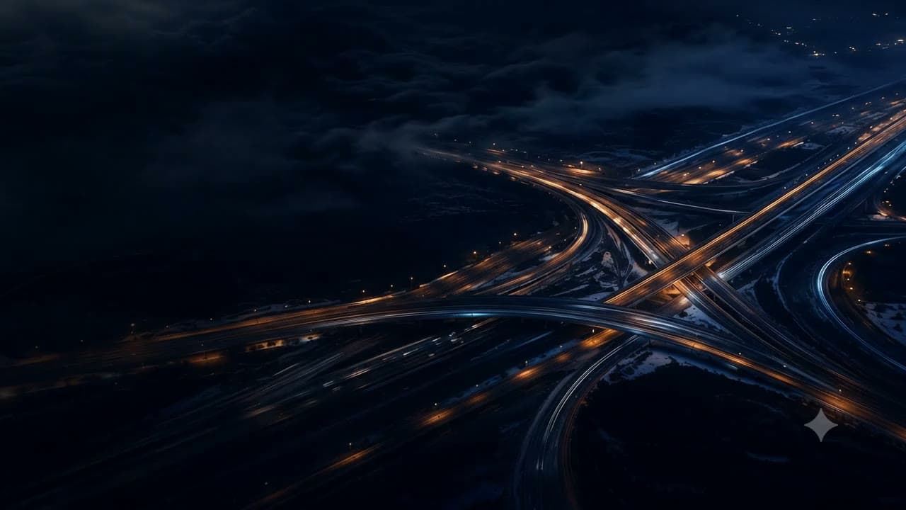 Aerial view of a highway interchange glowing at night beneath the clouds