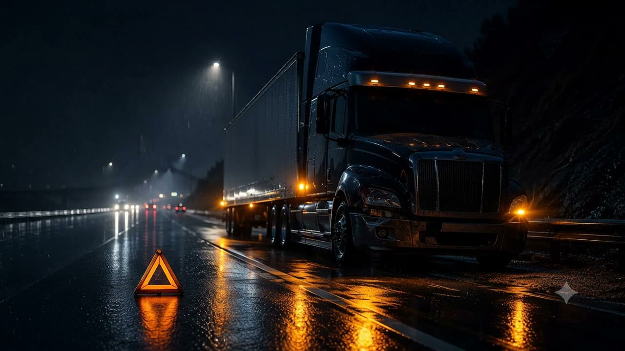 Semi-truck stopped on the shoulder at night in the rain, warning triangle on the wet asphalt