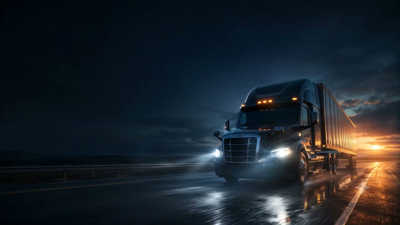 Semi-truck driving toward a golden sunrise on an open highway