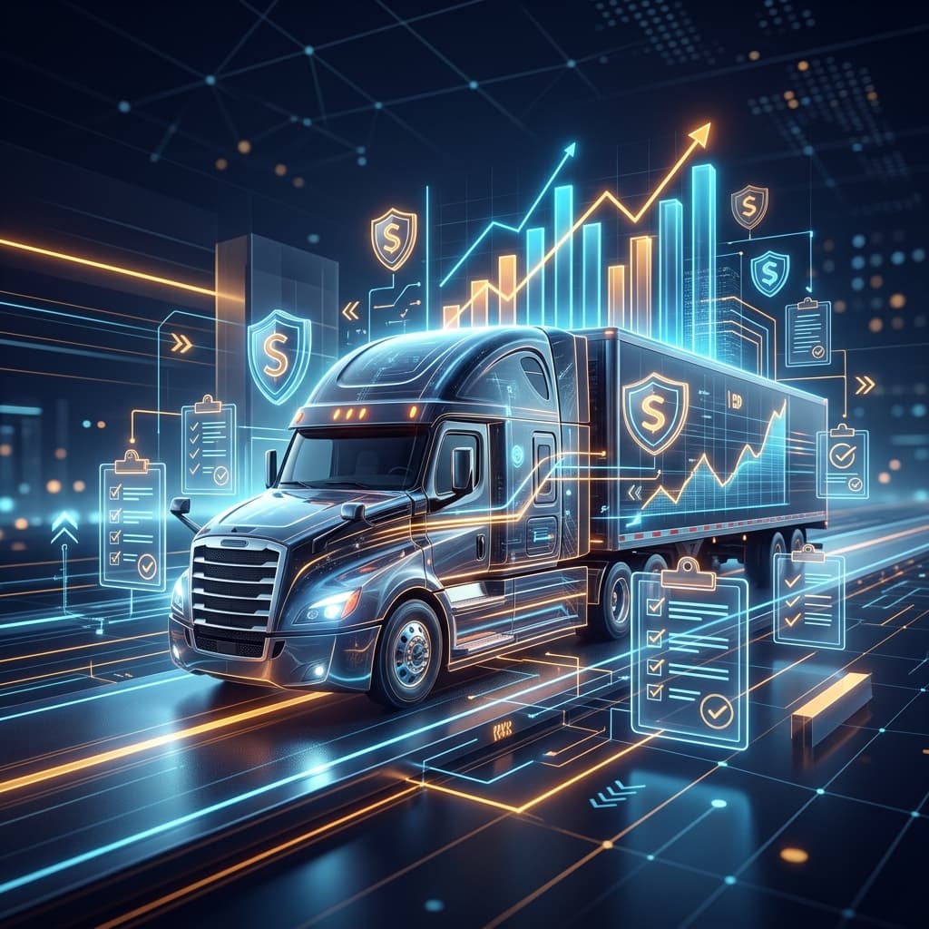 Truckers Choice specialist reviewing paperwork in a modern office, with a truck waiting outside