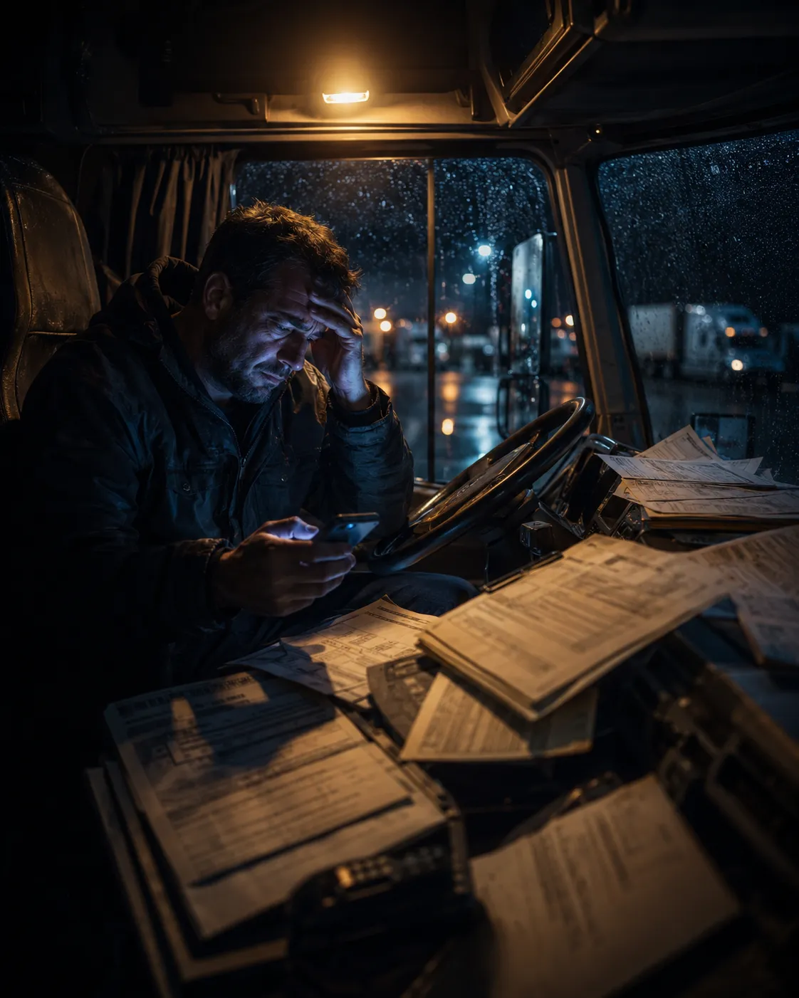 Driver in his cab at night, surrounded by paperwork